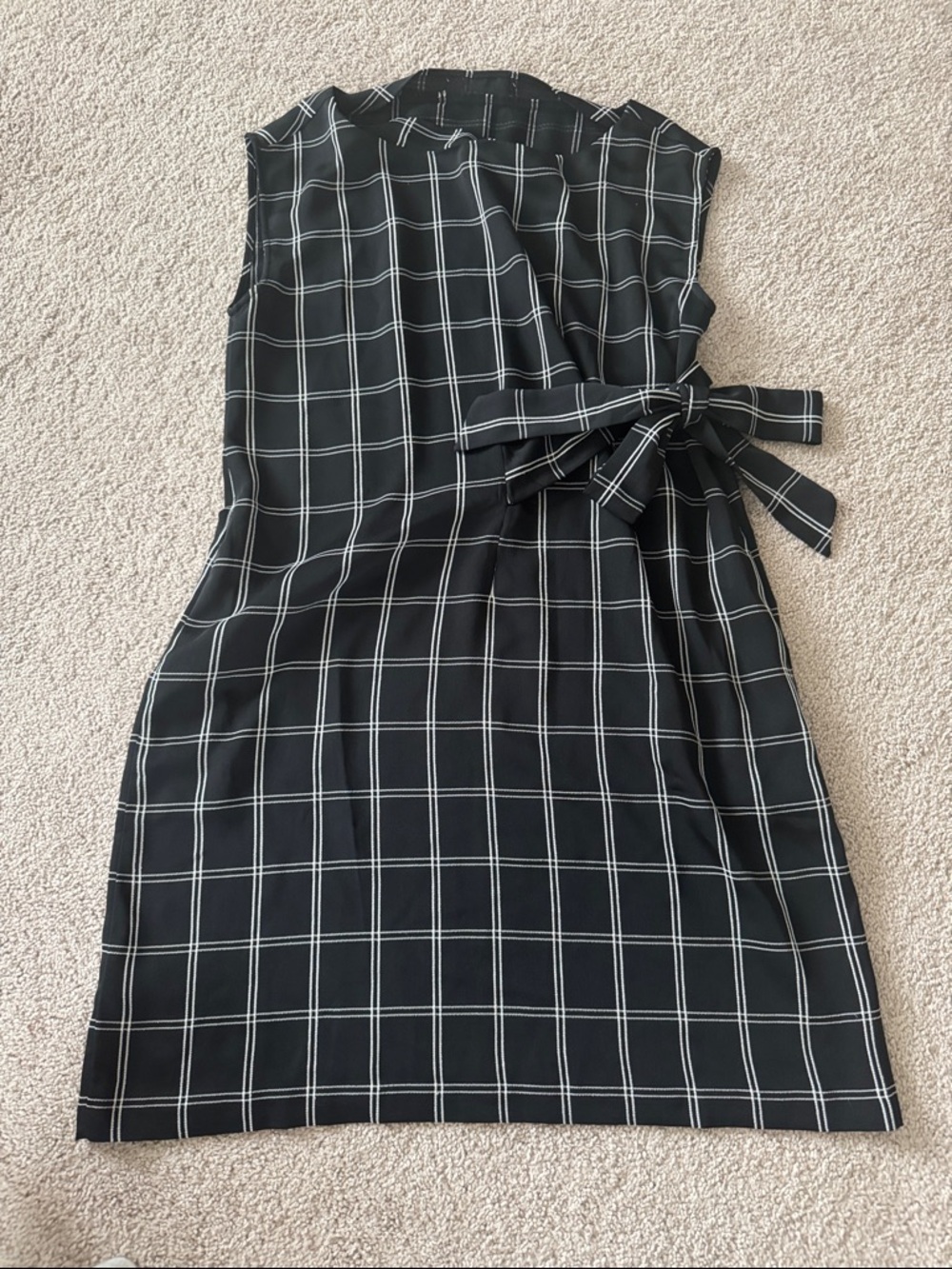 LOFT Black Windowpane Sleeveless Tie-Waist Midi Dress